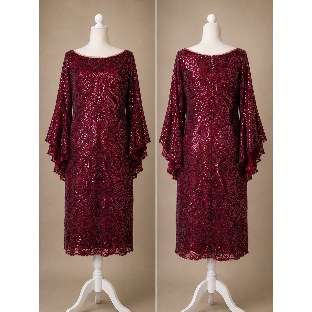 Betsy & Adam Burgundy Red Sequin Bell Sleeve Sheath Dress 14W Gala Formal
